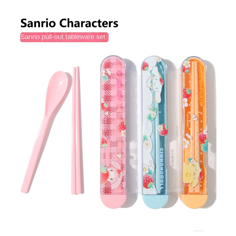 

Anime Sanrioed My Melody Cinnamoroll Purin Dog Cartoon Pullout Tableware Set Kawaii Cute Portable Chopsticks Spoons Box Set