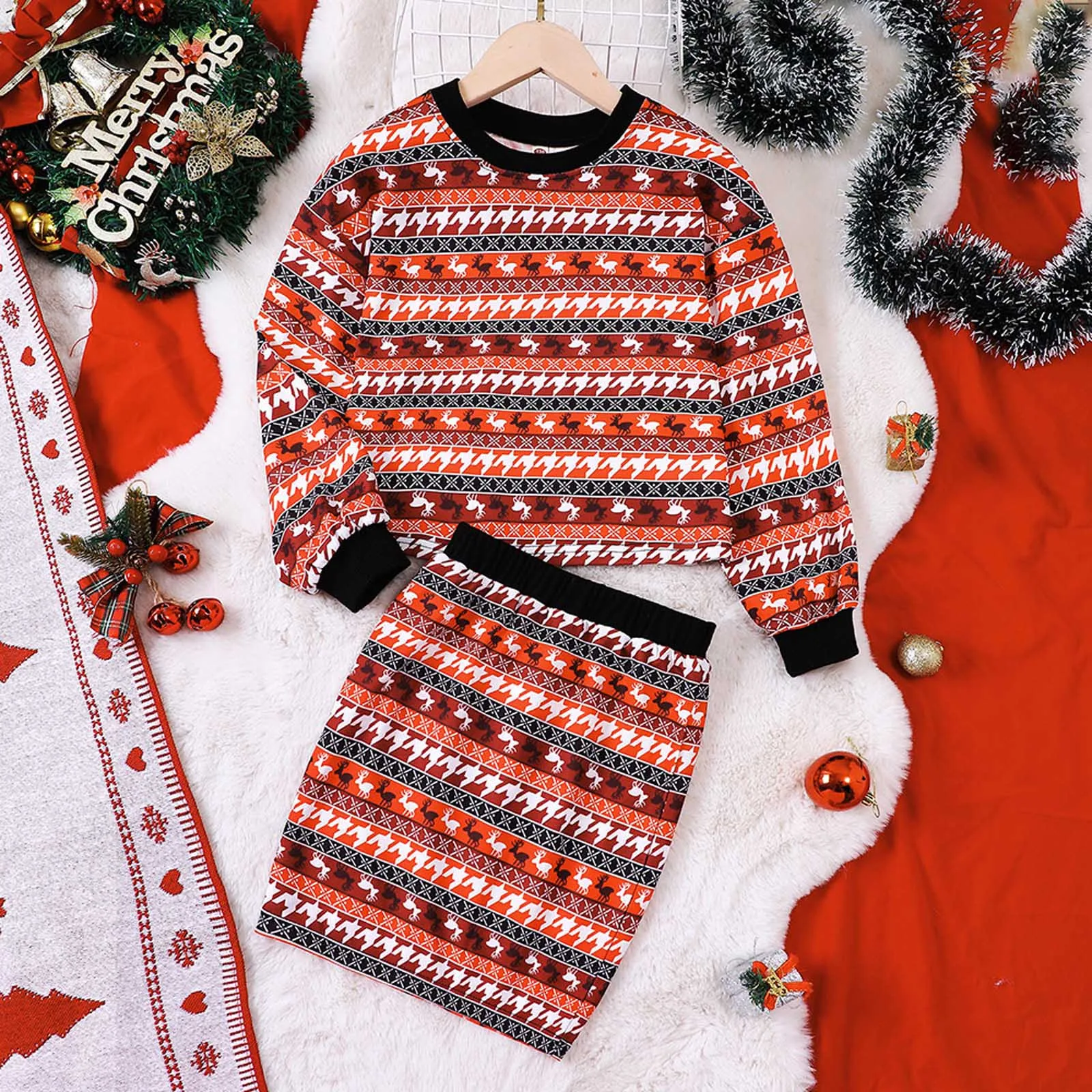 

5-12Years Children Christmas Costumes Kids Girls Long Sleeve X-mas Cartoon Print Pullover Tops Skirt 2Pcs Outfits Winter Clothes
