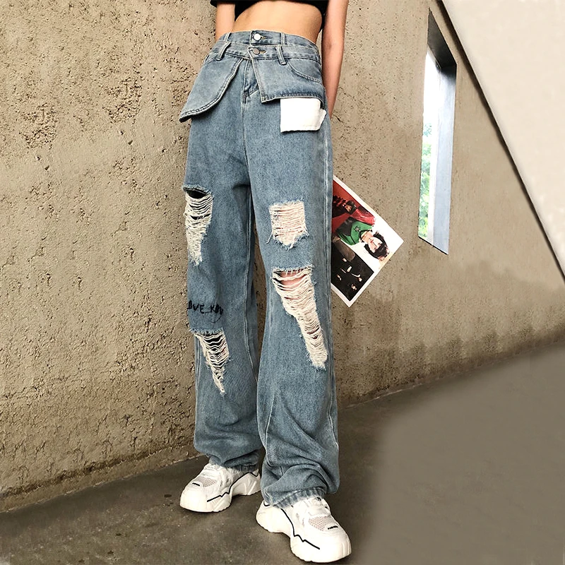 Loose Jeans High Waist Ladies Casual Ripped Button Jeans Wide Leg Light Blue Streetwear Retro Trend Pants Streetwear