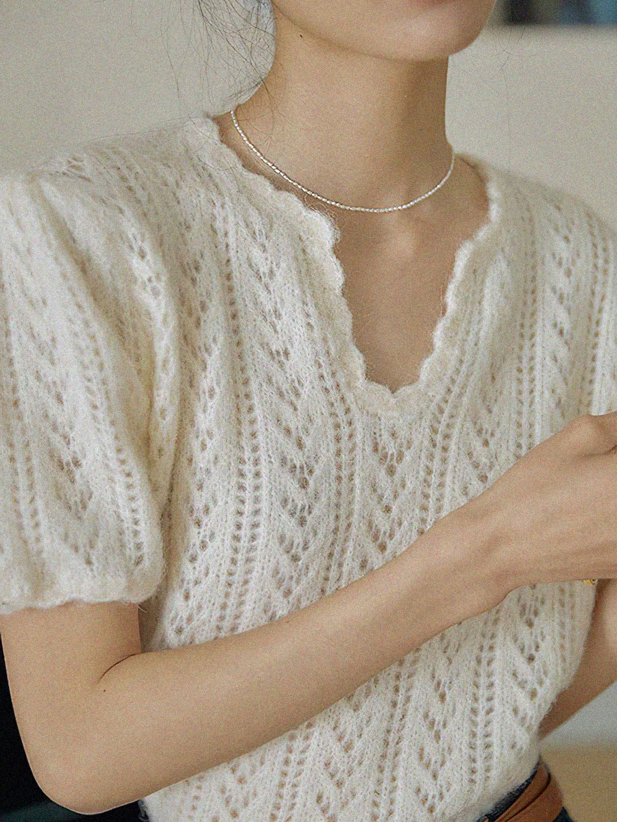 

Crochet Hollow T-shirts Elegant Woman V Neck Short Sleeve Fancy Knitted Tee Shirts 2023 Summer Femme Vintage French Tshirt Tops