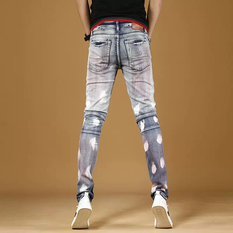Summer Light Blue Ripped Jeans Men Streetwear Printed Slim Fit Straight Pants Casual Biker Stretch Denim Trousers