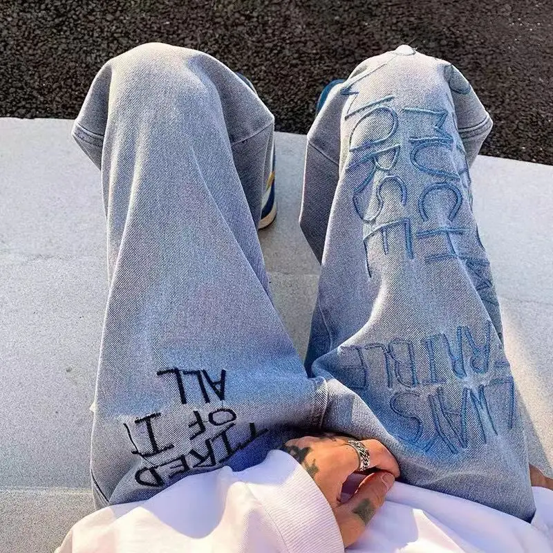 American vibe pants men high street ins jeans tide brand design casual loose straight spring men and women wide-leg pants