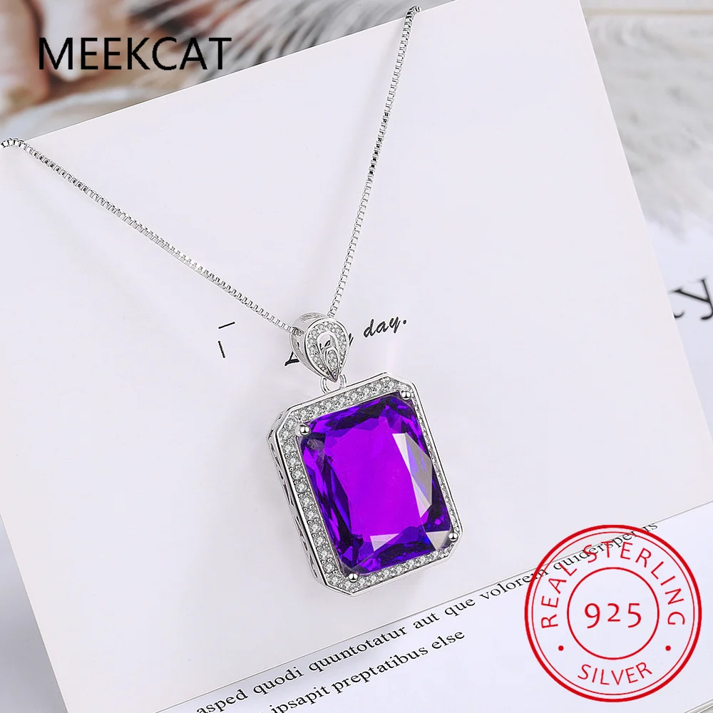 

Genuine Natural Purple Amethyst Square Pendant Necklace 925 Sterling Silver Women Gemstone Statement Necklace 45CM Chain