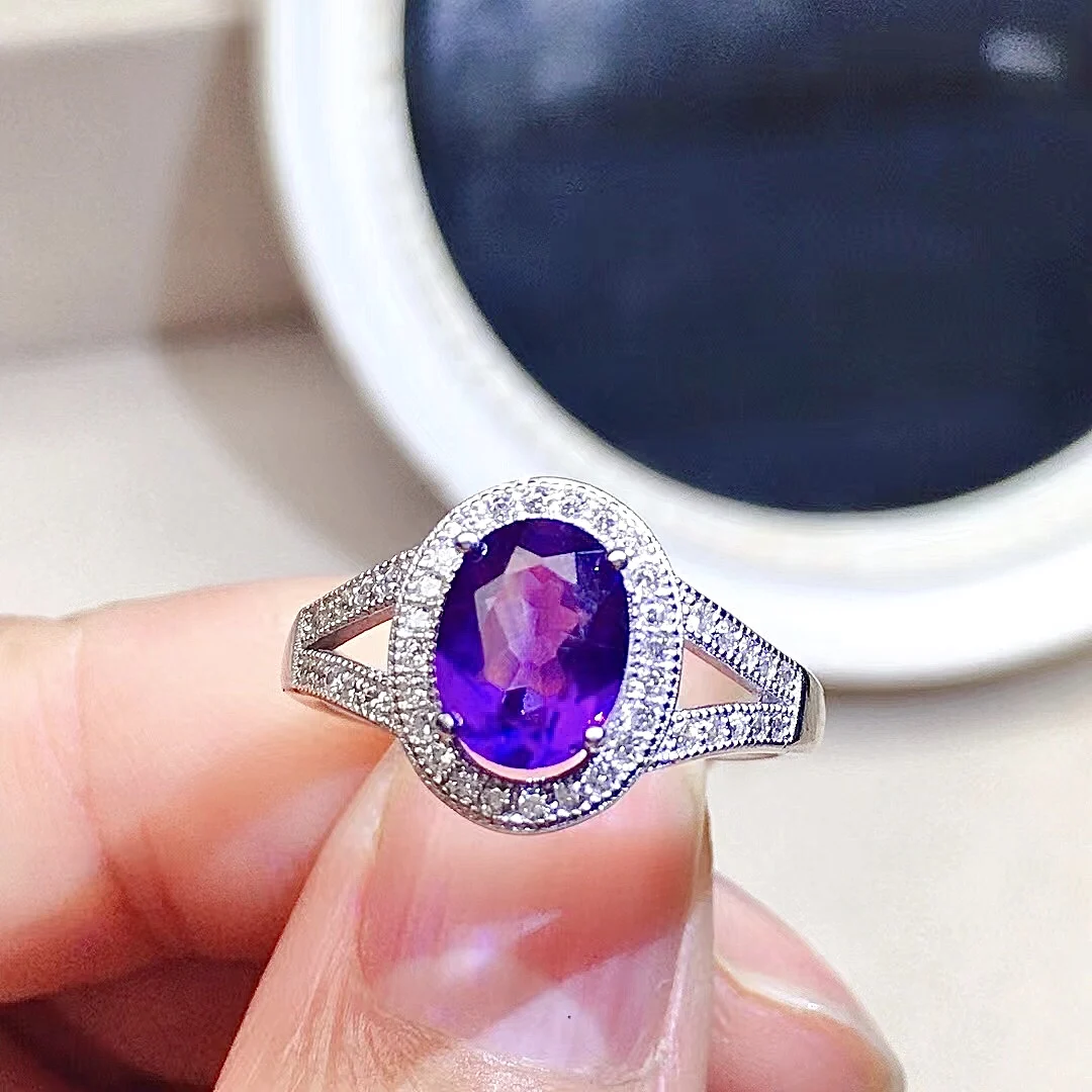 VVS grade natural amethyst ring 6mm*8mm 1ct amethyst silver ring classic 925 silver amethyst jewelry