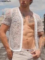 incerun men shirt mesh jacquard lapel short sleeve sexy transparent camisa masculina 2022 one button party men clothing s 5xl