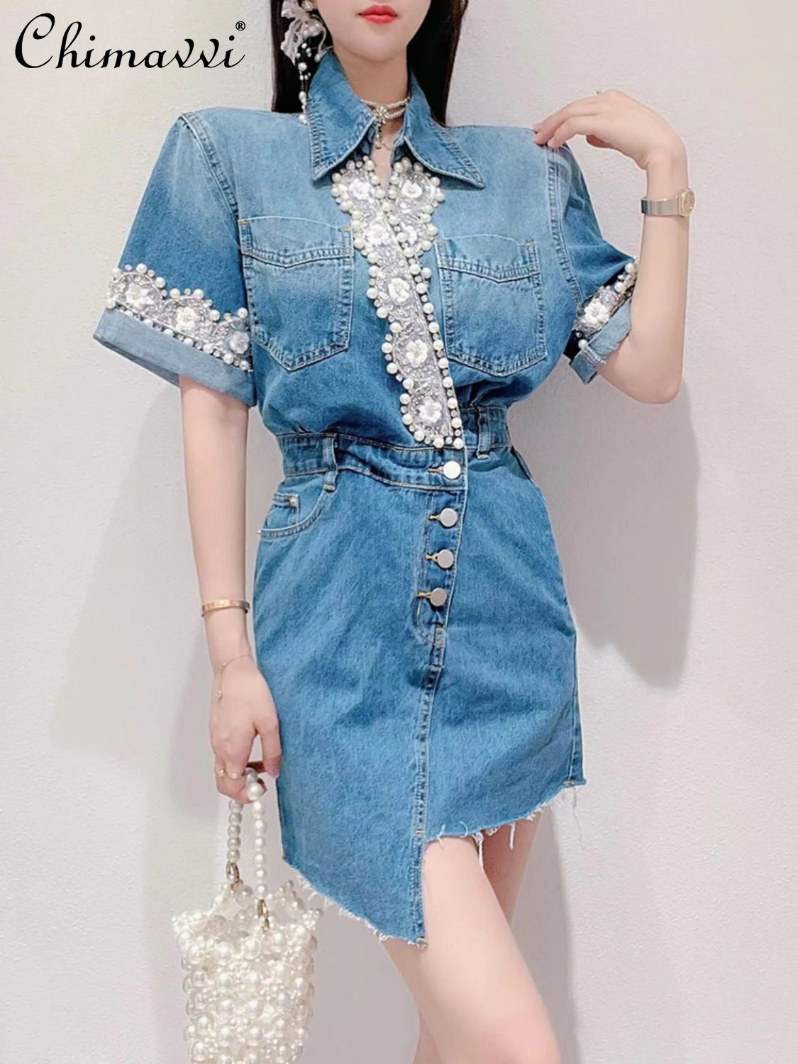 

Women 2022 Summer New Korean Style Fashion Sweet Beads Irregular Denim Dress Ladies Fairy Elegant Slim Waist Above Knee Dress