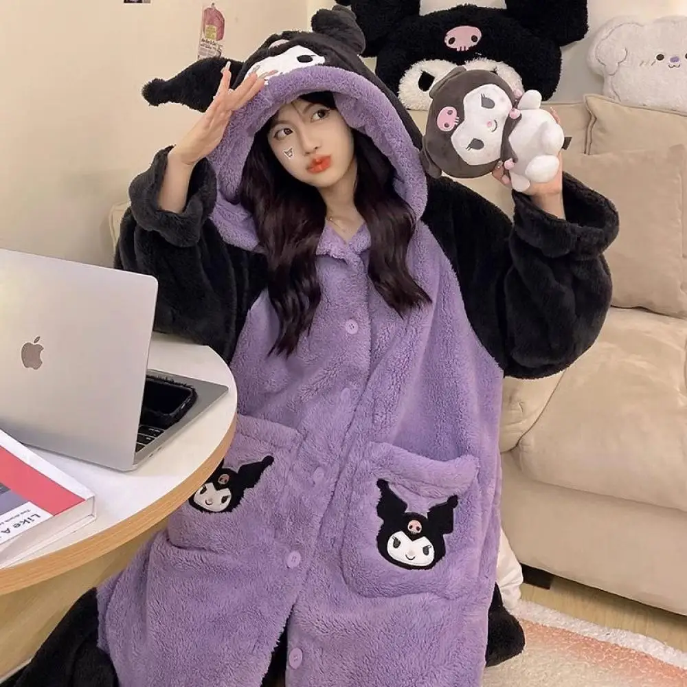 

Kawaii Sanrio Kuromi женская ночная рубашка костюм аниме коралловый бархат утолщенная теплая пижама с длинным рукавом осень зима искусственная кожа