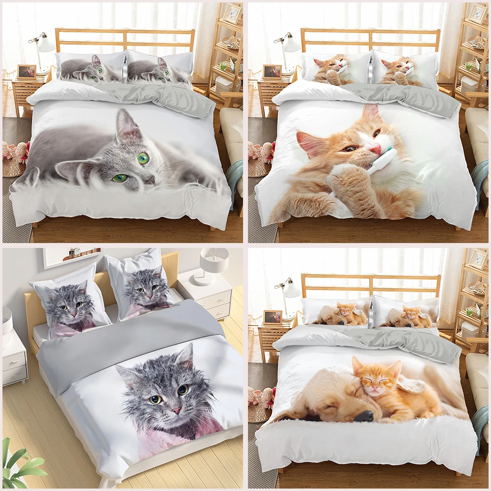 

Kids Boys Cartoon 3D Duvet Cover Puppy Cat Printed Bedding Set 2/3pcs Quilt Cover With Zipper Closure King Size Comforter Cover