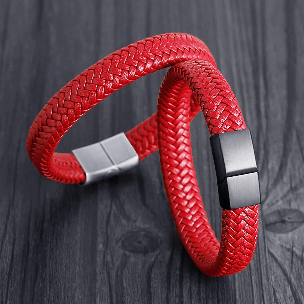 Износостойкий браслет из натуральной кожи FIREBROS черный/синий/красный нержавеющей