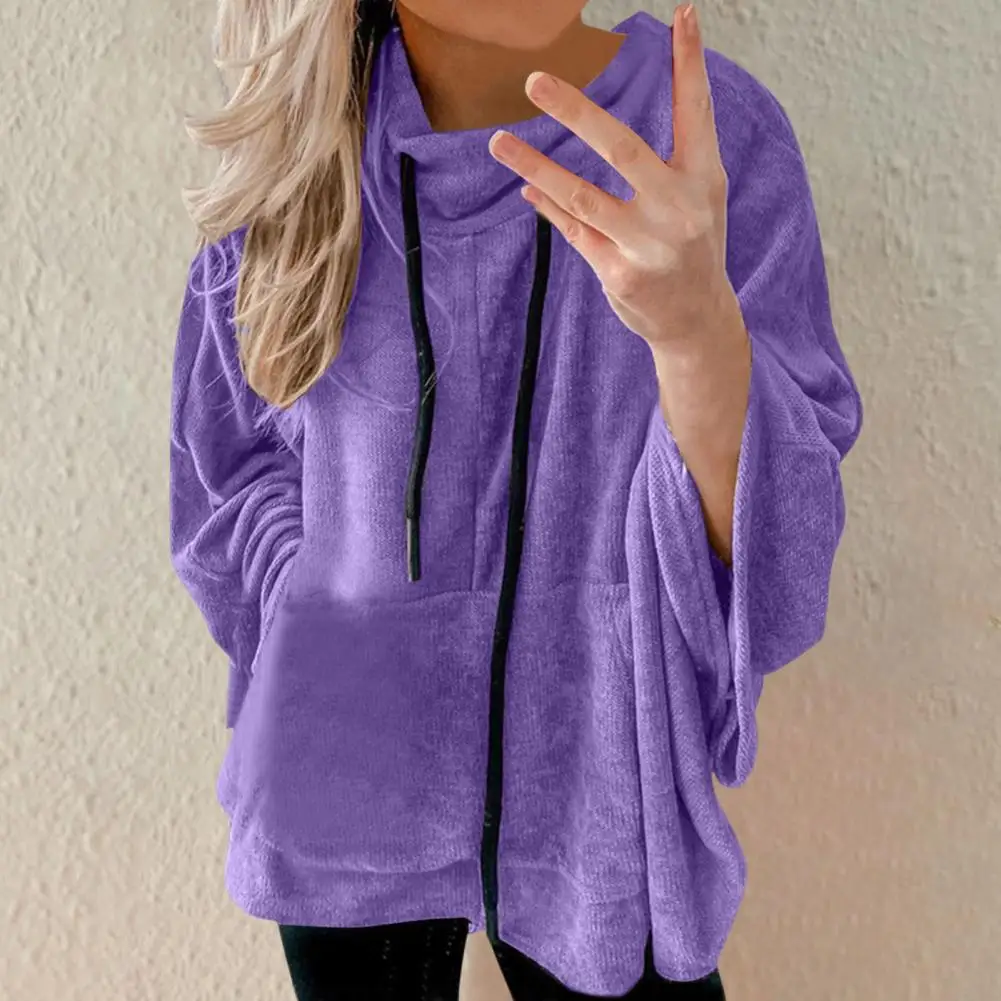 

Women Autumn Sweatshirt Solid Loose Pullover Big Pockets Warm Drawstring Batwing Sleeves Spring Sweatshirt Female Clothes