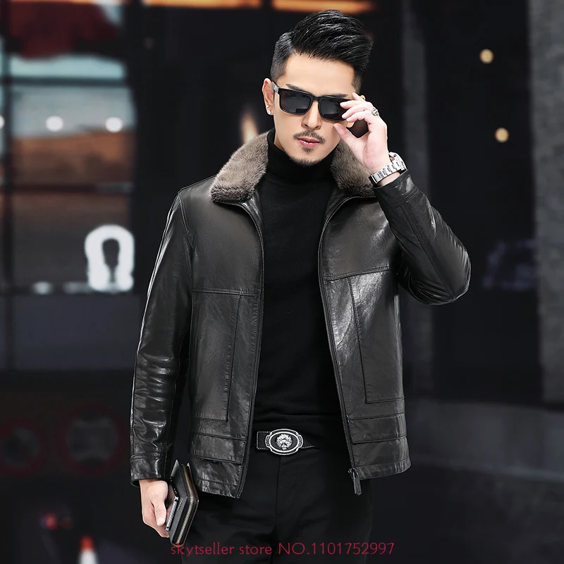 Высококачественная зимняя мужская куртка из натуральной кожи модный бренд
