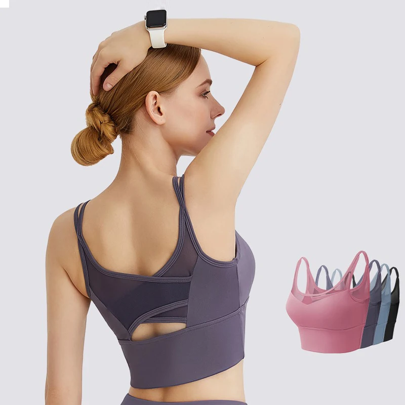 

Women Sports Bras Yoga Crop Top Tights Vest Glueing Cross Back No Buckles Gym Fitness Athletic Brassiere S-2XL Size Shockproof