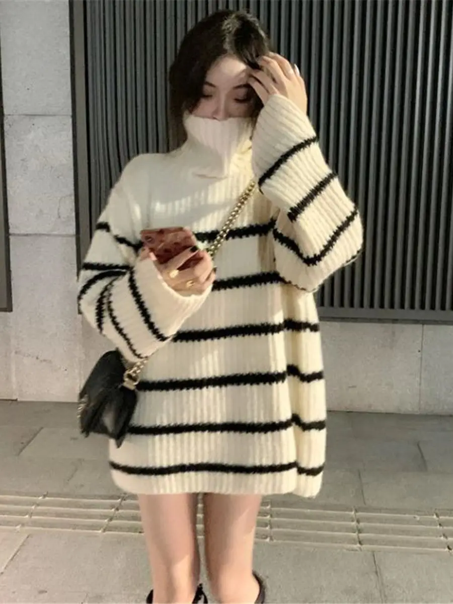 Модные полосатые топы Ulzzang Женский вязаный свитер зимняя свободная водолазка в