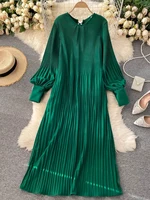 Vintage Pleated Chiffon Long Dress Women Casual Solid Pink/Green/Red O-Neck Draped Slim Vacation Vestidos Autumn Robe 2020 New