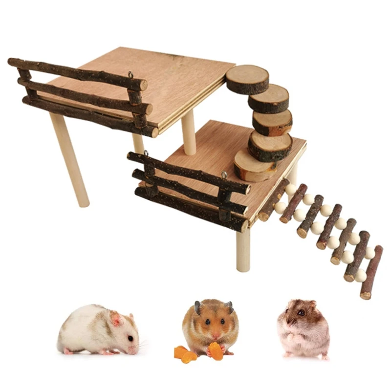 

N58C Hamster Climbing Platform Wooden Ladder Hamster Toys Playground Bridge Stairs Apple-Wood Chewing Toy for Small Animals