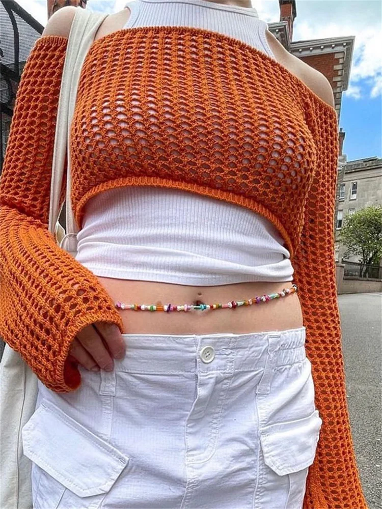 

CHRONSTYLE Y2K Holes Knitted Pullovers Crop Top Slash Neck Backless Full Sleeve Women Beach Sexy Retro Crochet Sweater Retro 90s
