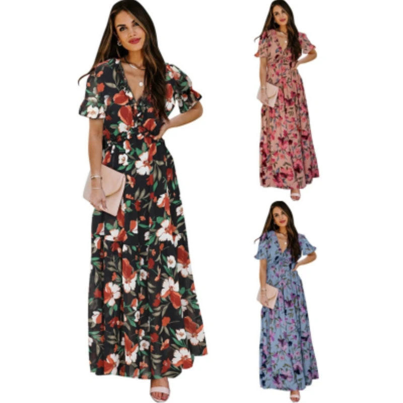 

Women Maxi Dresses Flower Short Sleeve Summer V Neck Closed Waist Loose Fashion Party Dress Female Robe S-XXXL