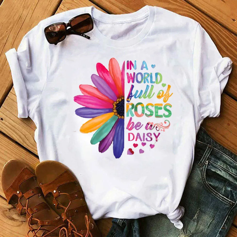 

Harajuku Women T Shirt Faith Flower Print T Shirt Female Short Sleeve Tops Cute Graphic Tee Shirts Summer Ladies White T-shirt
