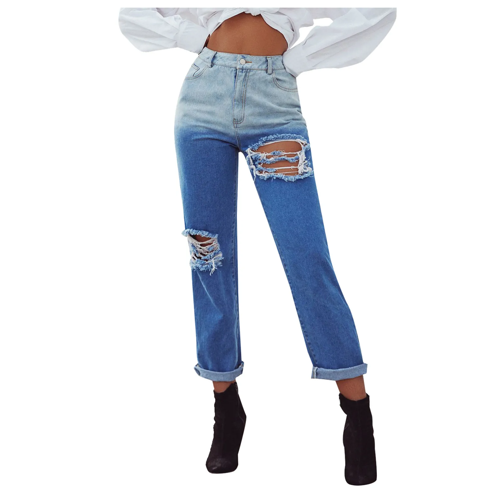 

With Holes Jeans Straight Medium Casual Waist And Women's Gradient Slim Pants Pants Oversize pants Jeans women