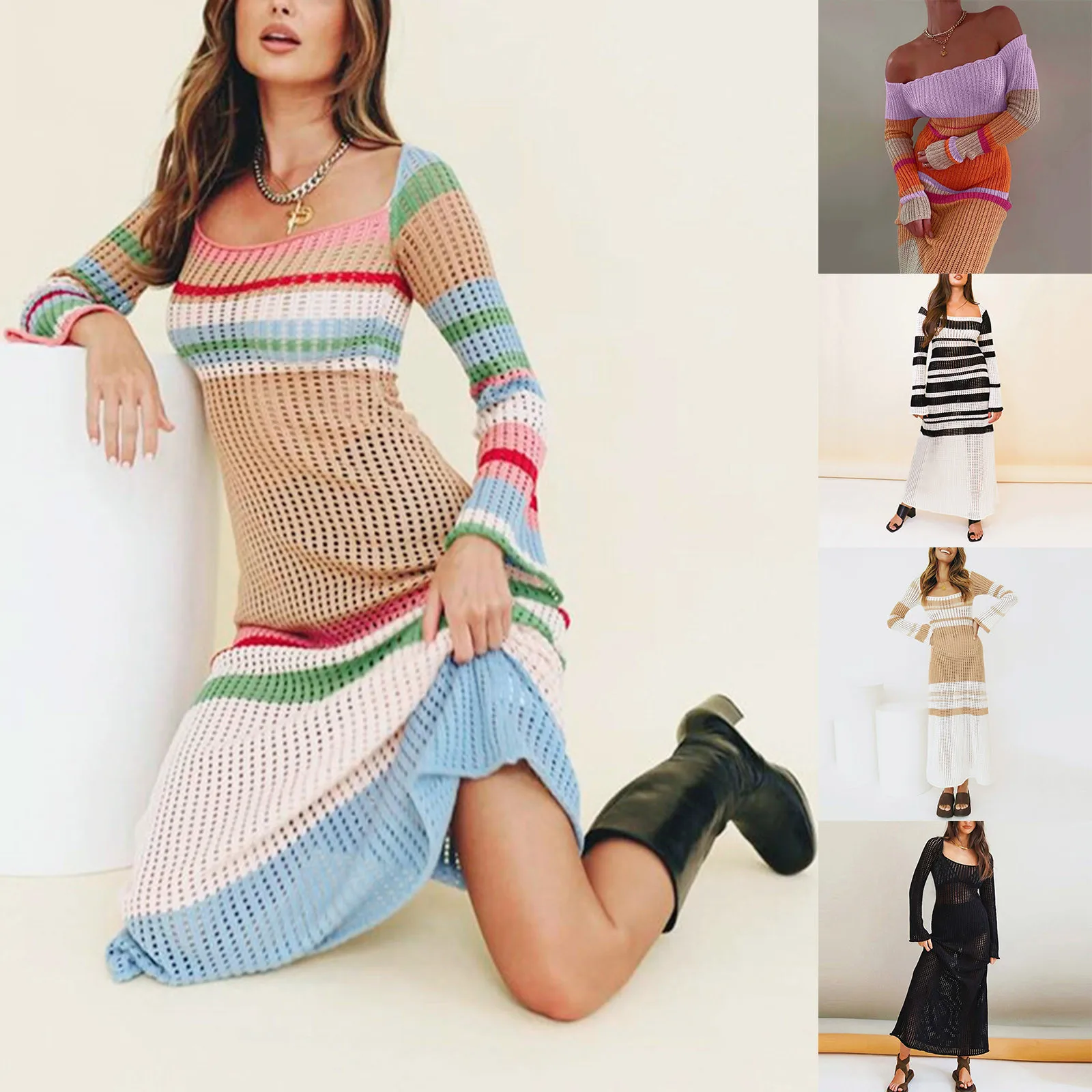 

Women U Neck Long Sleeve Dress Contrast Color Cutout Sexy Knit Dress Dress Casual Dresses