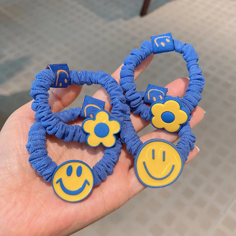 

Women Blue Hair Ties Elastic Rubber Bands Girl Smile Face Korean Scrunchies Head Accessories Handmade Wholesale