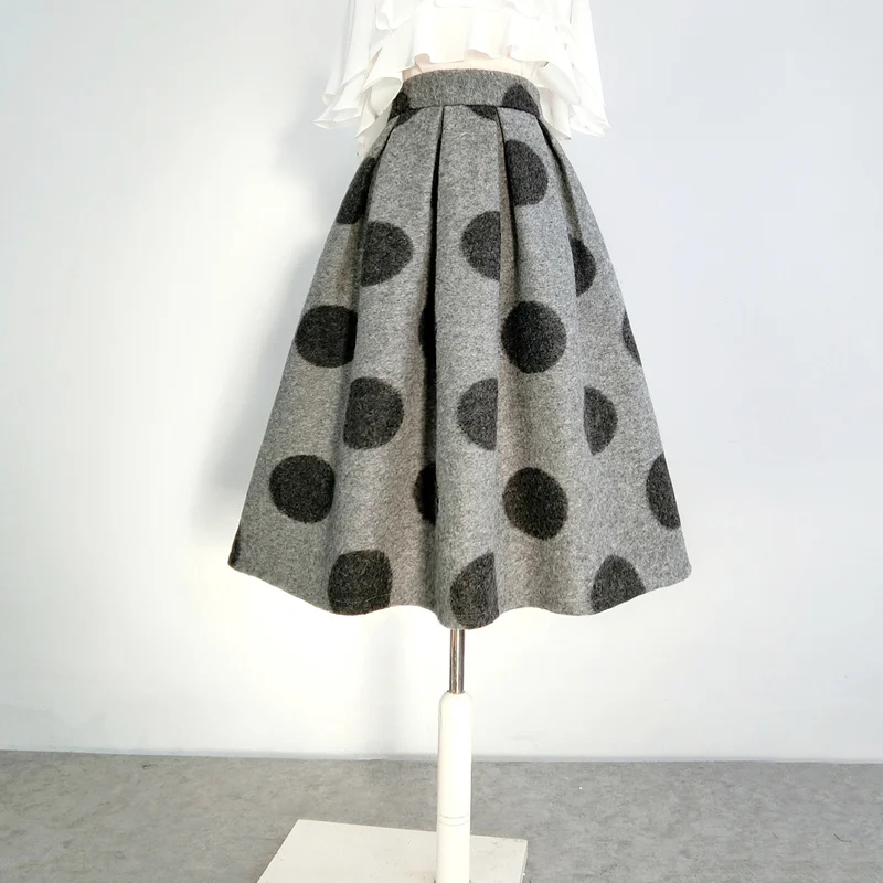 Winter Vintage Elegant Warm Polka Dot Wool Ball Gown Skirts Women High Waist Office Lady OL Work Wear