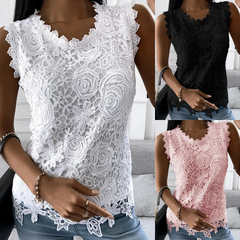 

Кружевная блузка, женские рубашки, блузки, летняя Модная рубашка без рукавов, уличная одежда, женские повседневные майки с круглым вырезом, ...