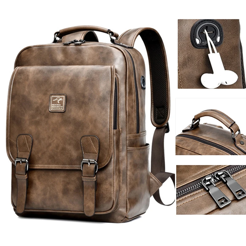 Men PU Leather USB Backpack 15.6 Inch Notebook Laptop Waterproof Bag Multifunction School Bag Travel Pack for Male Women Female