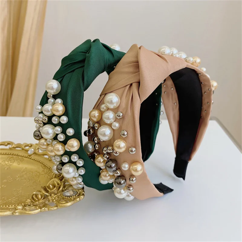 

Solid Color Fabric Vintage Pearl Knotted Wide-brimmed Headband