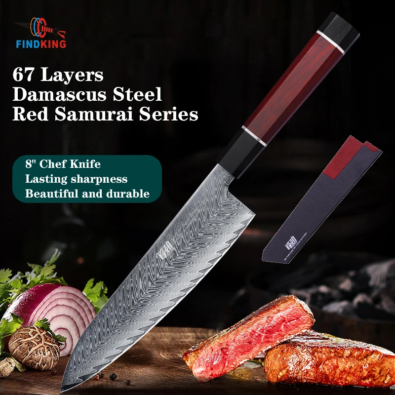 FINDKING Knife New! Red Samurai Series 8 inch Professional Custom AUS-10 67 Layers Damascus Steel Kitchen Chef Knife