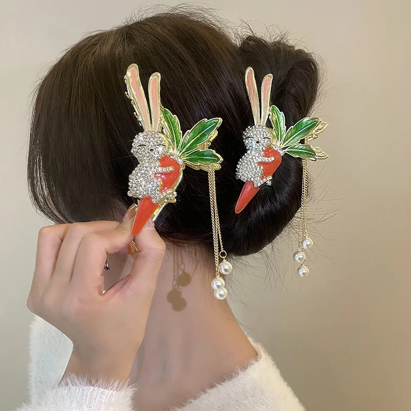 

2023 Стразы кроличья морковь жемчуг кисточка заколка для волос для женщин девушек аксессуары для волос