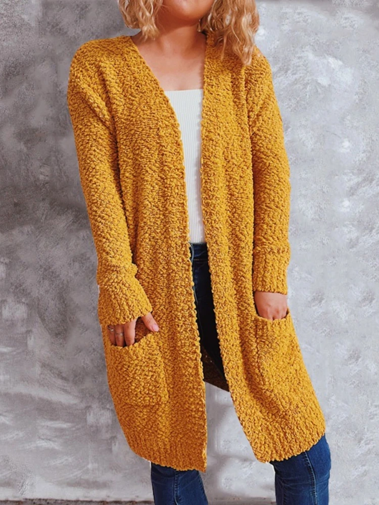 

Women's Yellow Loose Thickened Long Sleeve Sweater Cardigan Coat Autumn Fashion Purple Pocket Oversized Knitted Cardigan Top