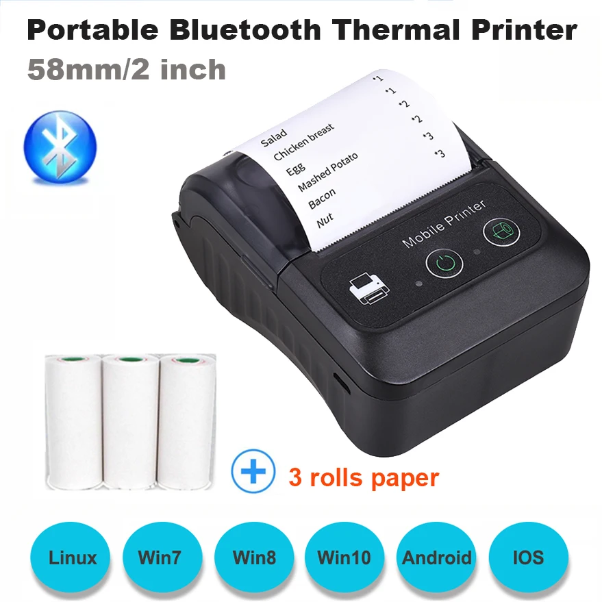 

Wireless Portable Thermal Receipt Printer Mini USB Bluetooth Ticket Printer 58mm 2 Inch Mobile Phone Android POS PC For Store