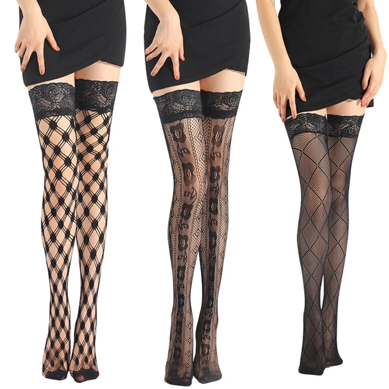 

Women Sexy Fishnet Thigh High Stockings with Silicone Lace Top Stay Up Tights Diamond Plaid Floral Patterned Mesh Over Knee Long