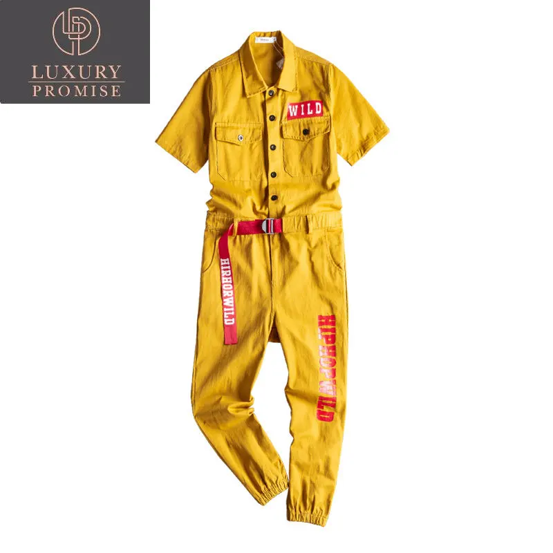Letter print short sleeve Jumpsuit Multi Pocket Hip Hop Workwear jogging pants Men's Yellow Red Loose Overalls