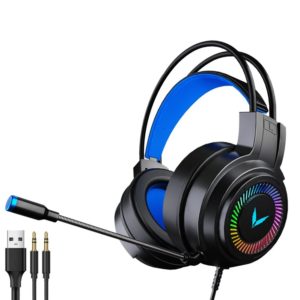 

Game Headphones with Mic Surround Stereo Wired Earphones USB Microphone Colourful Light PC Laptop Game Headset-Black