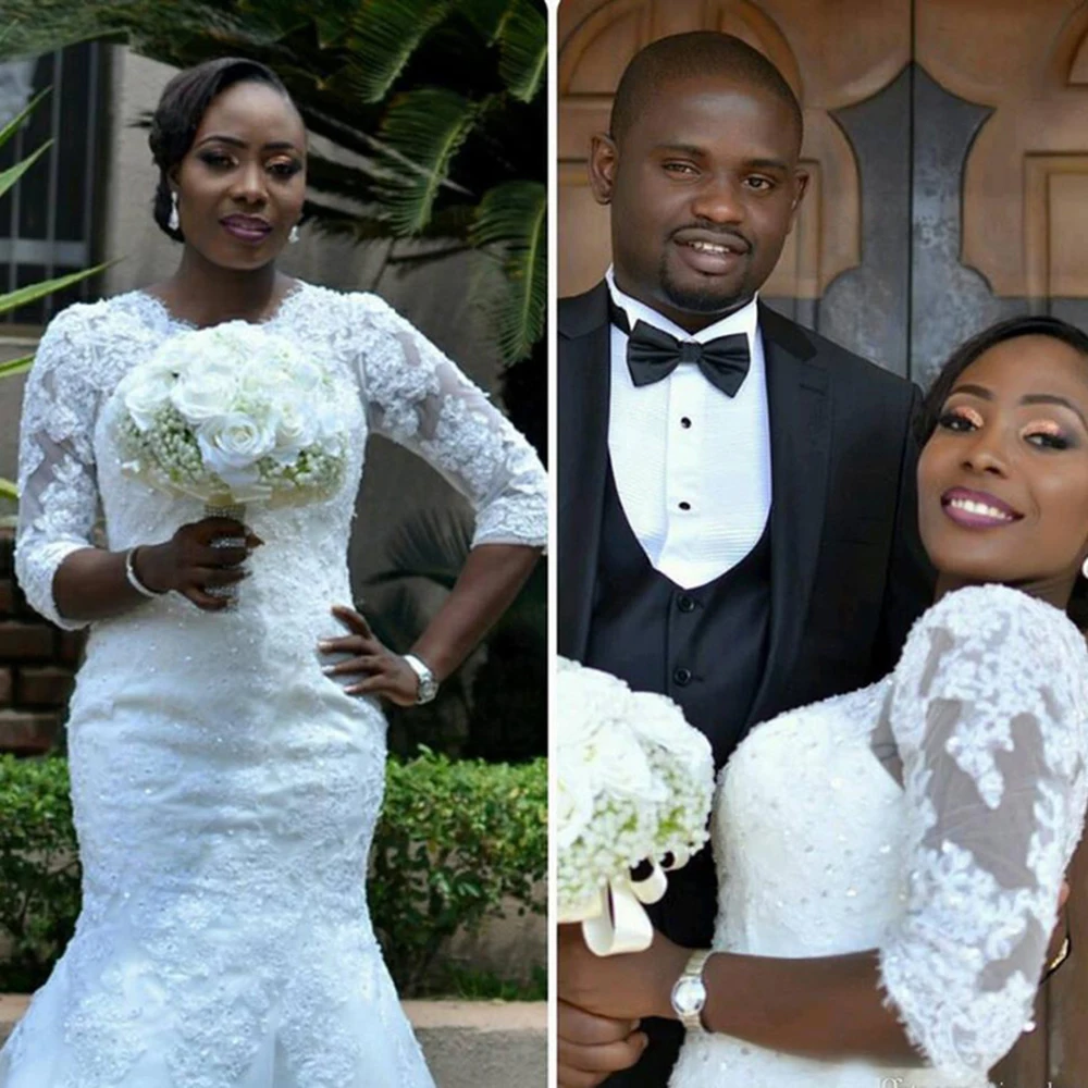 

GUXQD African Mermaid Women Wedding Dresses Half Sleeves O Neck Appliques Lace Court Train Bridal Gowns Vestido De Noiva