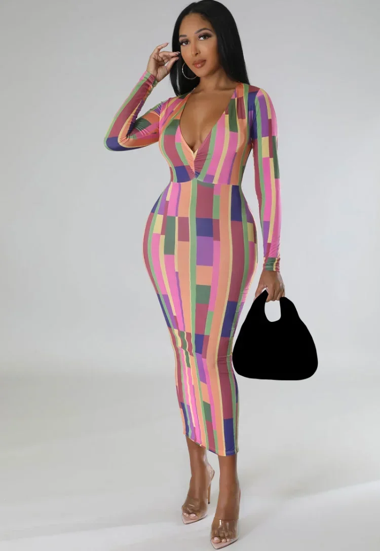 Женское облегающее платье макси KEXU осеннее с разноцветным принтом длинным