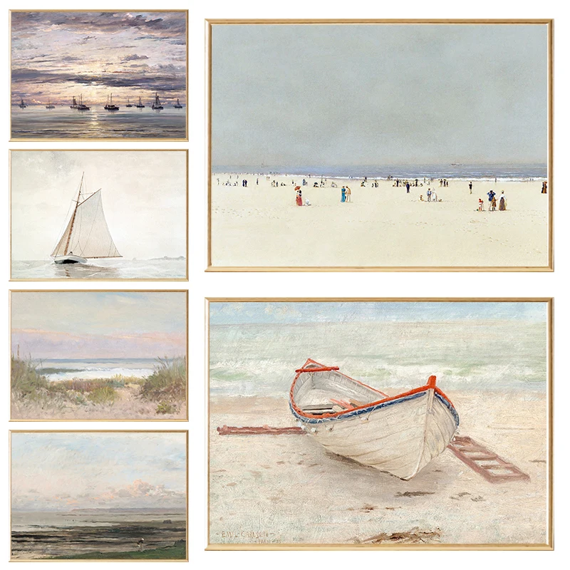 Винтажные акварельные пляжные пейзажи постеры и принты с лодкой печать на холсте