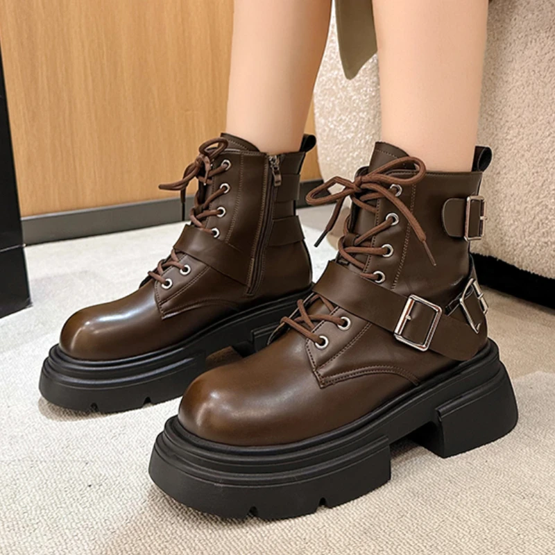 

Женские ботинки на шнуровке, зимние однотонные ботинки в британском стиле, с круглым носком, средней высоты, на массивном каблуке, 2023