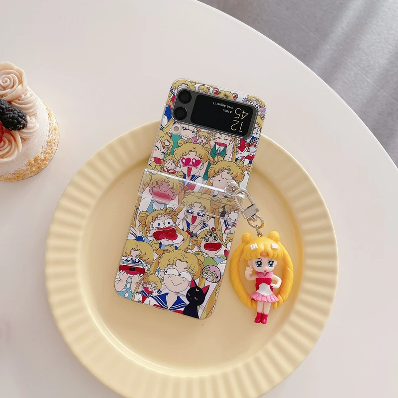 

Kawaii Japanese Cartoon Anime Girl illustration Phone Case For Galaxy Z Flip 3 5G Case Flip 3 Shockproof Back Cover With Lanyard