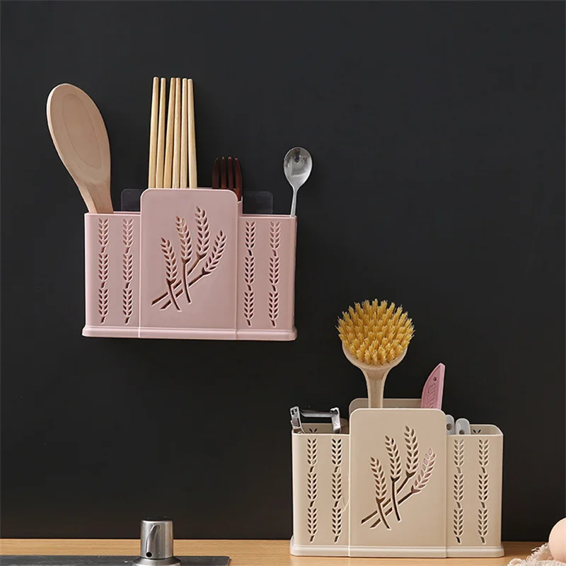 

Three Compartment Kitchen Storage Rack Wall-mounted Chopstick Cage Self-adhesive Punch-free Tableware Spoon Drain Rack Organizer
