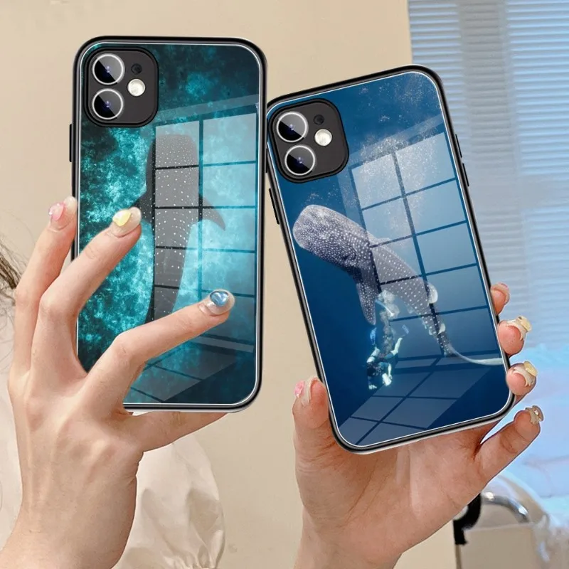Ocean Whale Shark Swimming   Phone Case Glass 14 13 11 12 Pro 8 7 Plus X 13 Pro MAX XR XS MINI Black Covers