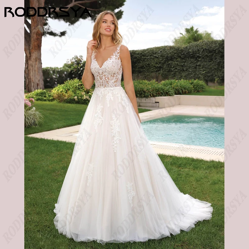 

RODDRSYA Spaghetti Straps V-Neck Wedding Dresses For Women Romantic A-Line Backless Bridal Gown Sleeveless Tulle Bride Party