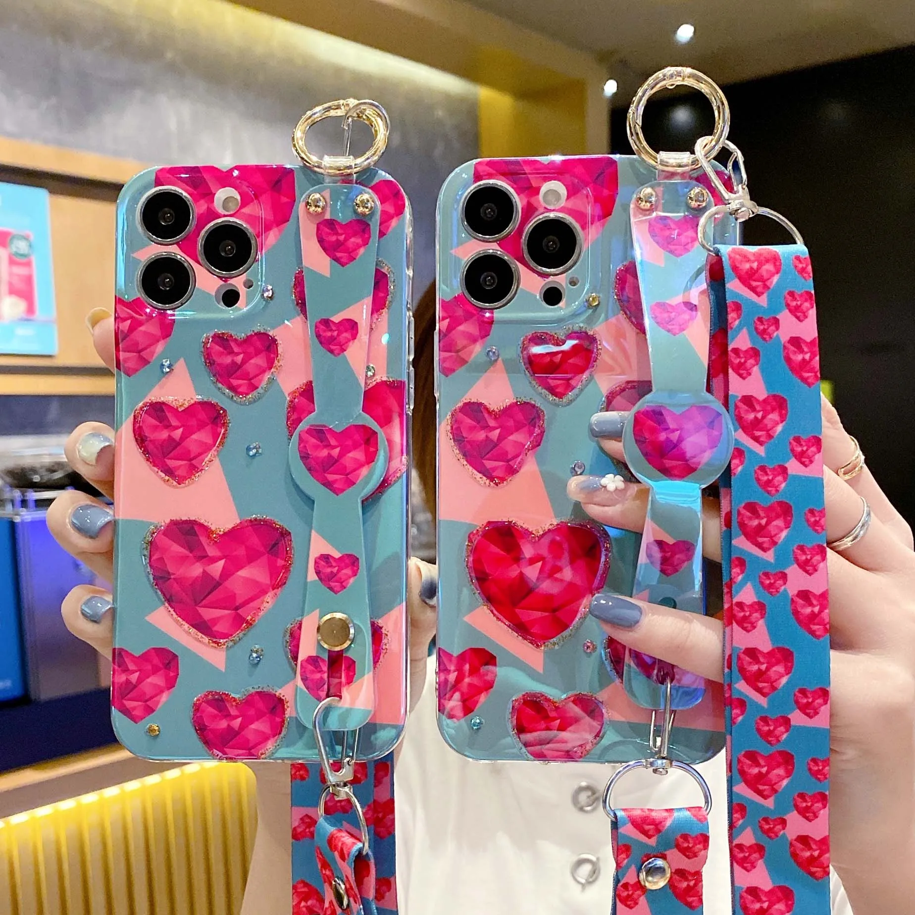 

Luxury Blu-ray Lanyard Case for iPhone 14 Plus 14 Pro Max Soft Silicone Cute 3D Love Bracket Phone Cover iPhone 13 12 11 Pro Max