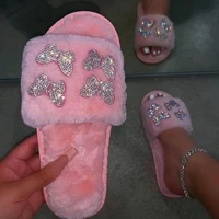 winter new women slippers round toe thick soled flat mid heel fur sandals bowknot rhinestone slippers home slippers furry slides