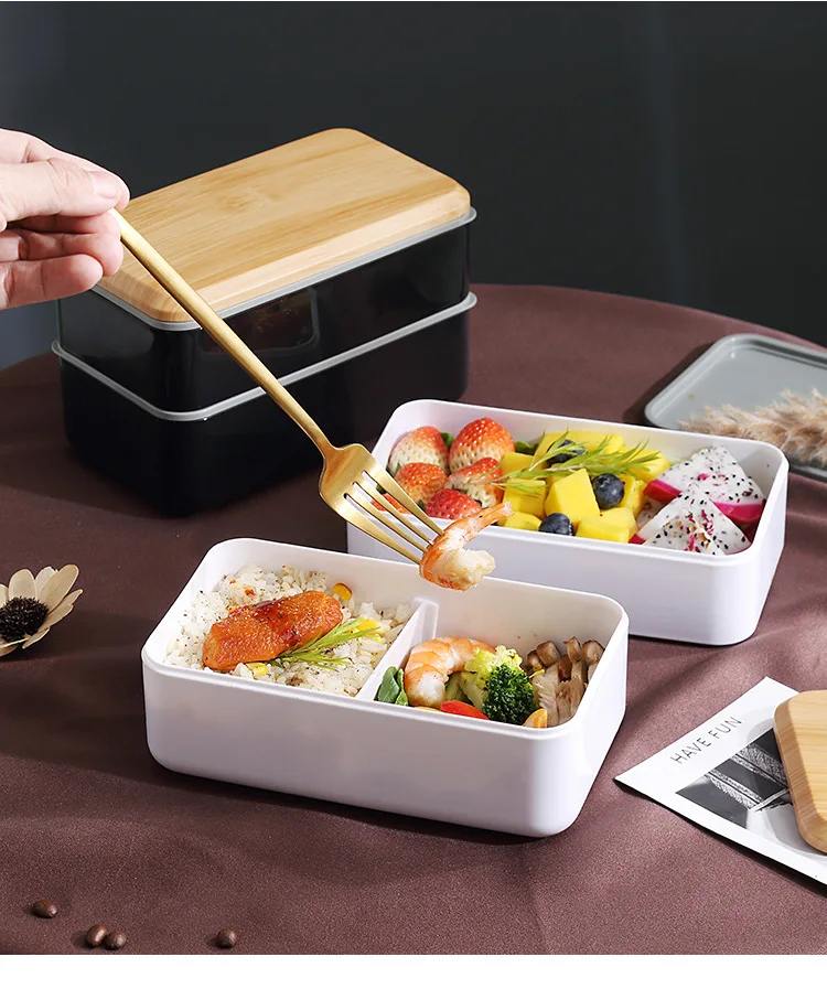 

PP Wood Lunch Box 1/2 Layers Microwavable Fresh Bowl With Wood Lid Leakproof Students Insulation Salad Fruit Container Tableware