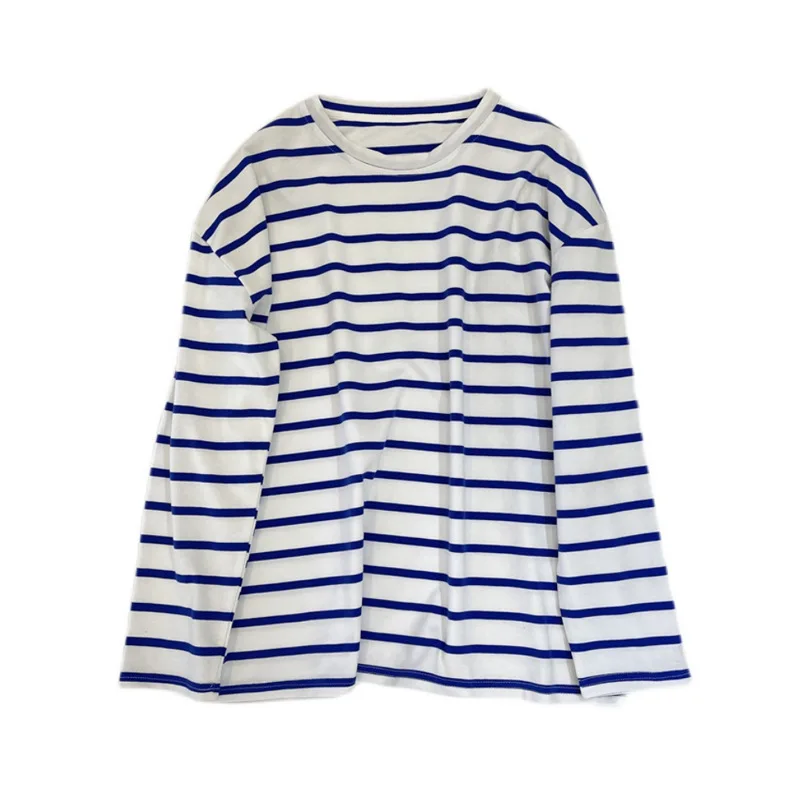 

Blue White Striped Sea Soul Shirt Long-sleeve T-shirt Women Loose All-match Casual Bottoming Show Thin Top Streetwear Tee