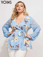 yoins fashion sexy v neck shirts women bohemian floral print tunic tops autumn long sleeve lace patchwork plus size belted blusa