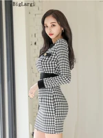 long sleeve houndstooth dress women korean bodycon ladies dresses sexy mini warp autumn winter woman dress 2022 new